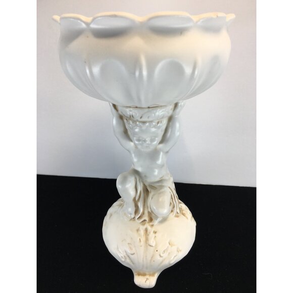 Vtg Inarco Japan Pedestal Planter Vase Cherub Holding Bowl White E-786/Q 7'' - Picture 2 of 10